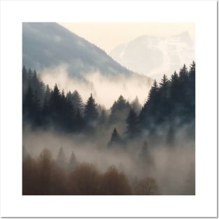 Foggy Mountain Forest Landscape Posters and Art